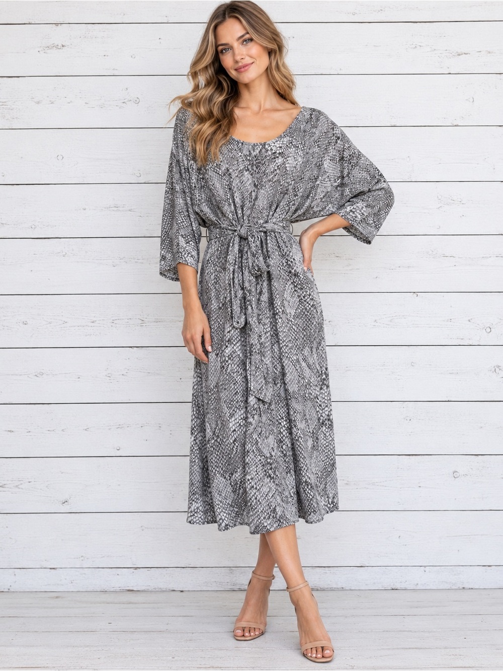 Banana Republic Dolman Sleeve Belted Snakeskin Print Tunic Midi Dress Size XS